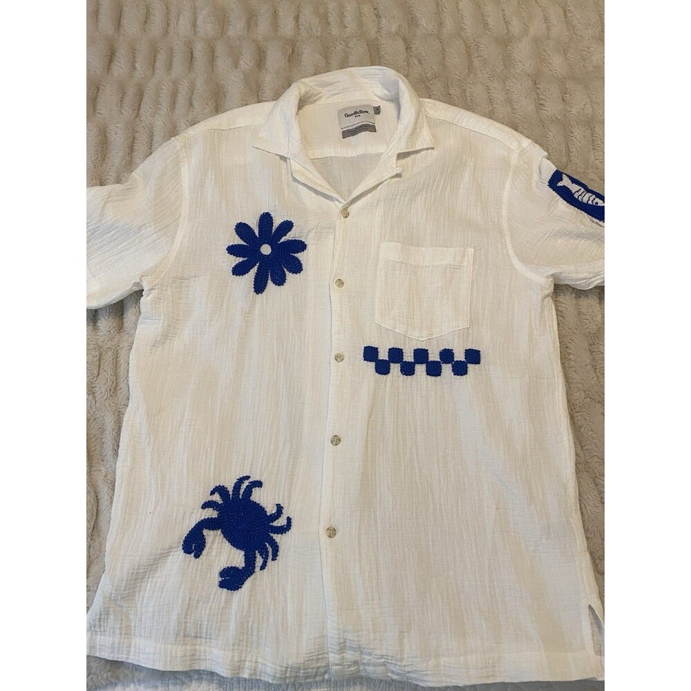 Mens White Cotton Gauze Crochet Embroidered Crab Fish Shirt Medium